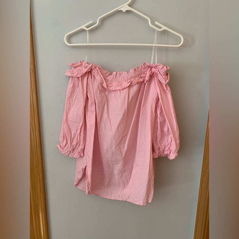 Heart & Hips pink and white off the shoulder long sleeve shirt.